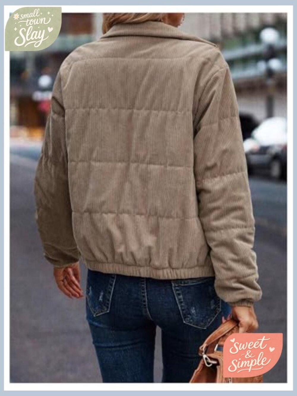 Quilted Puffer Jacket Zip Up Long Sleeve Padded Bomber Barn Coat with Pockets - Picture 2 of 6